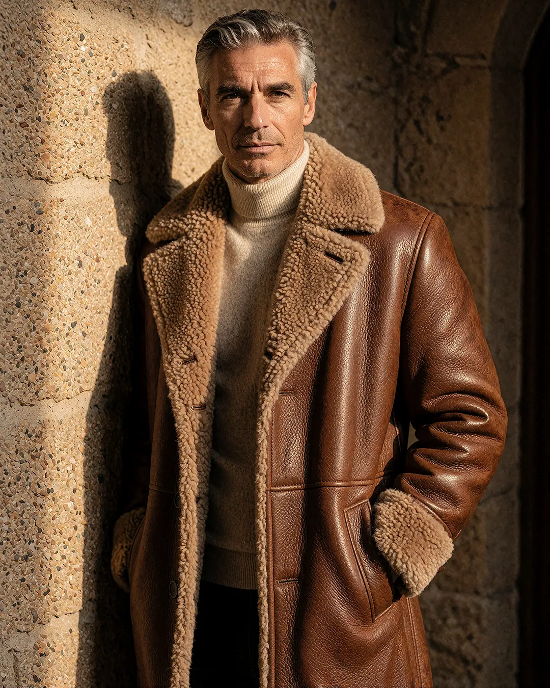 Bradford Fairweather trägt einen braunen Shearling-Mantel vor einer historischen Steinmauer.