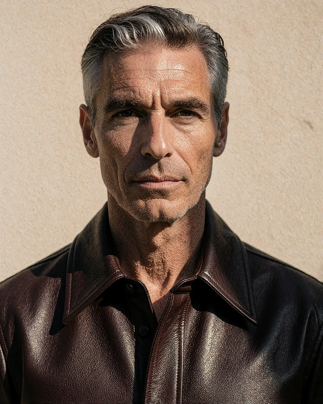 Bradford Fairweather im Studioporträt mit brauner Lederjacke vor sandfarbenem Hintergrund.