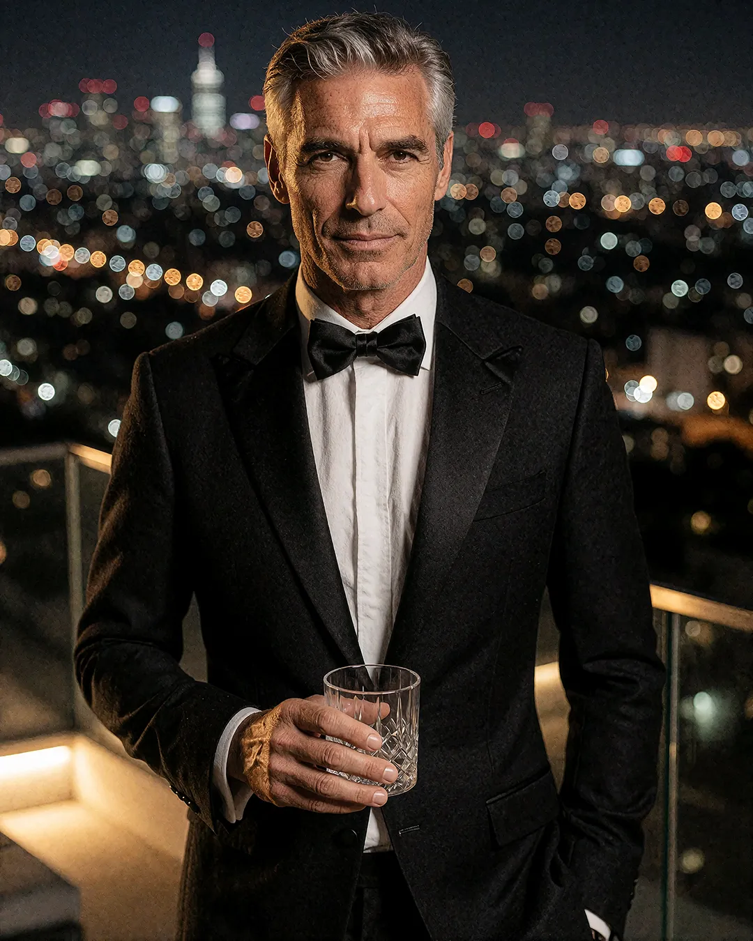 Bradford Fairweather trägt Smoking mit Cocktailglas auf einer Dachterrasse bei Nacht.