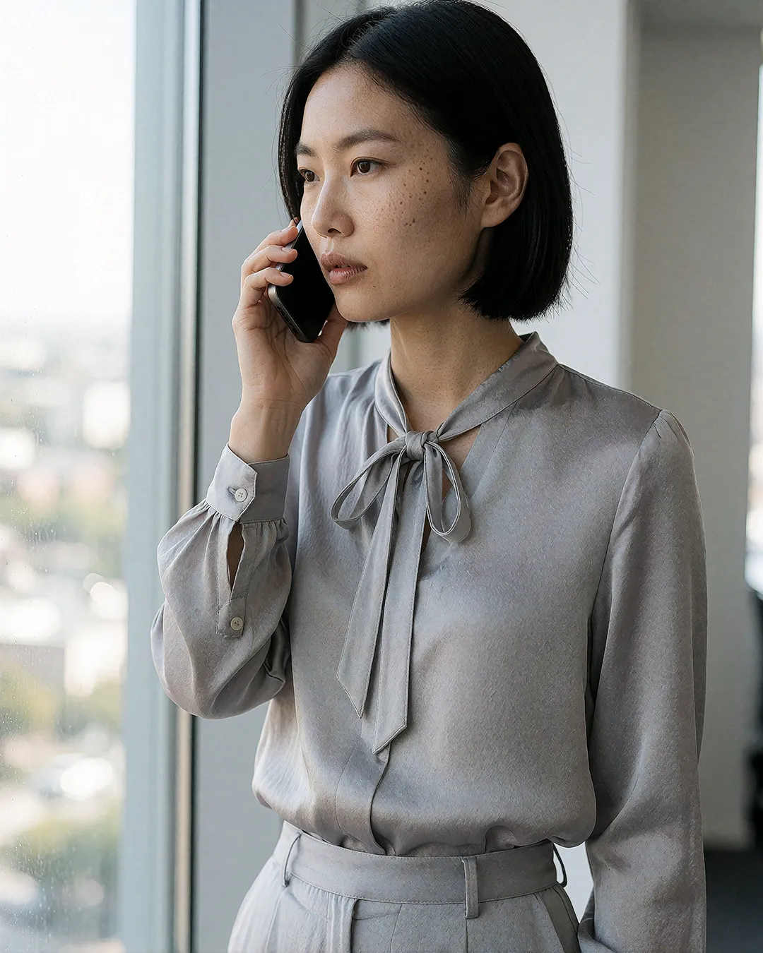 Nanami Onodera telefoniert in grauer Seidenbluse mit Schleife am Fenster eines Bürogebäudes.