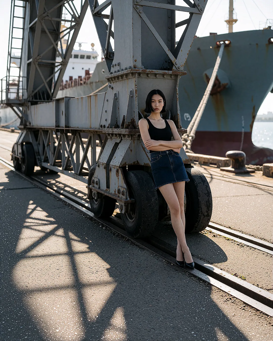 Nanami Onodera lehnt mit verschränkten Armen an einem Hafenkran neben einem Frachtschiff.