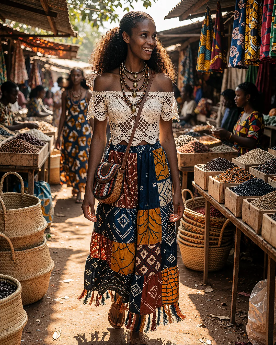Zuri Osei trägt ein häkelbesetztes Top mit Patchwork-Rock auf einem afrikanischen Markt.