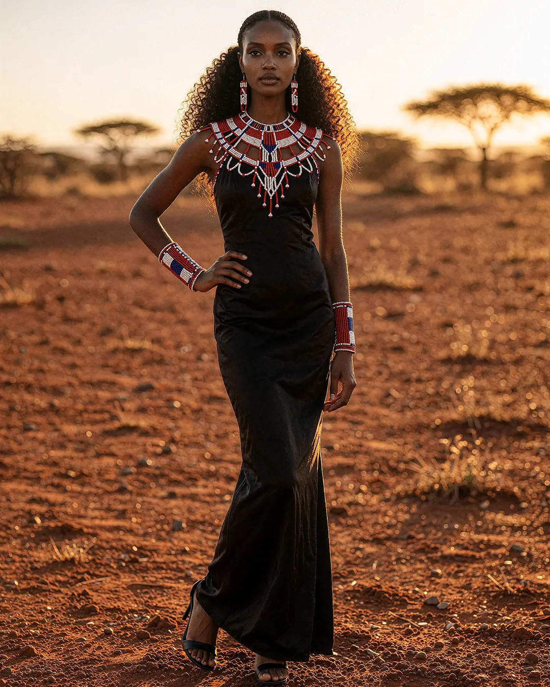 Zuri Osei trägt ein schwarzes Kleid mit Perlenkragen in der Abendsonne der Savanne.