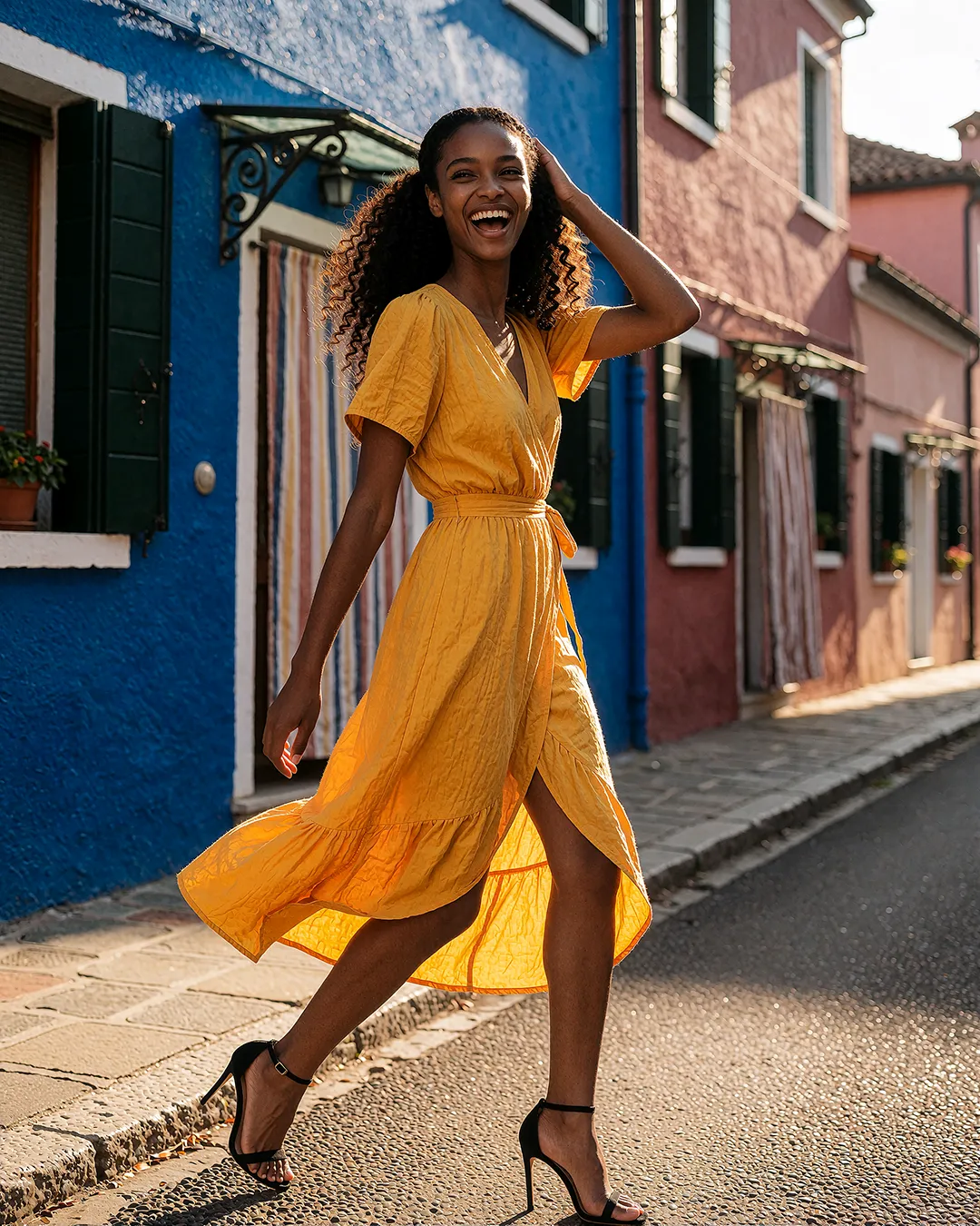 Zuri Osei lacht im gelben Wickelkleid vor bunten Häusern einer Gasse.