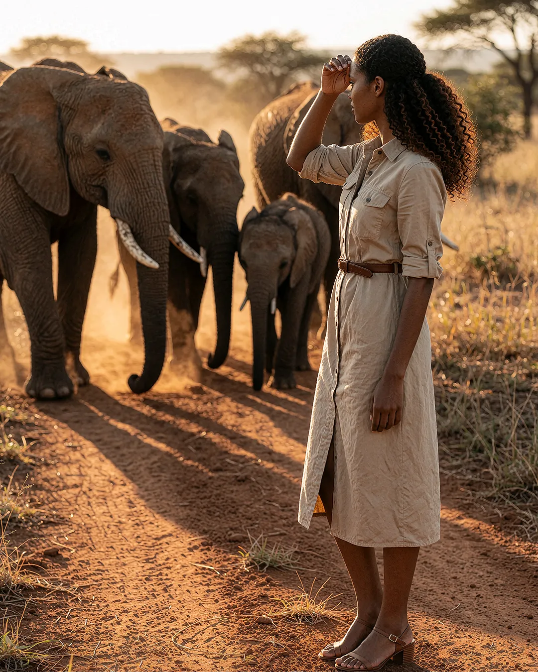 Zuri Osei beobachtet in einem beigen Safari-Kleid eine Elefantenherde in der Savanne.