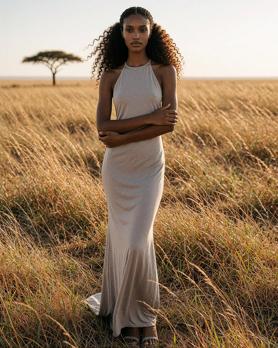 Zuri Osei trägt ein graues Trägerkleid im hohen Gras der Savanne neben einer Akazie.