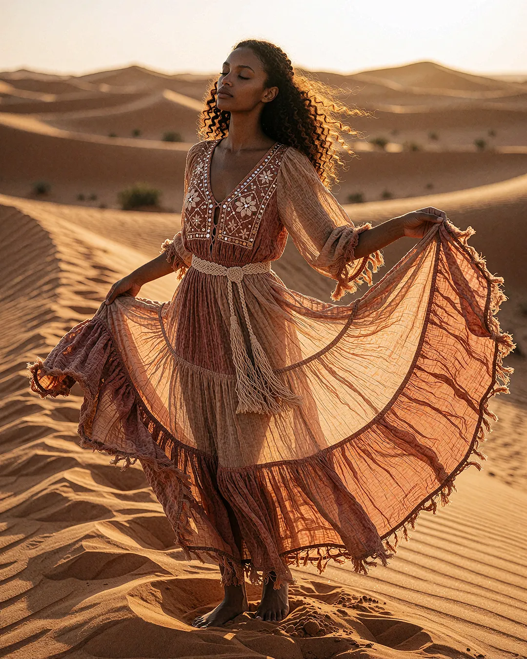 Zuri Osei wirbelt im bestickten Boho-Kleid über die Sanddünen der Wüste.
