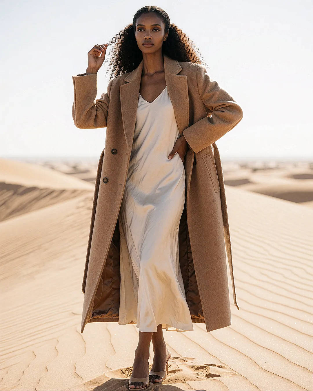 Zuri Osei trägt einen camelfarbenen Mantel über einem Seidenkleid in den Sanddünen.