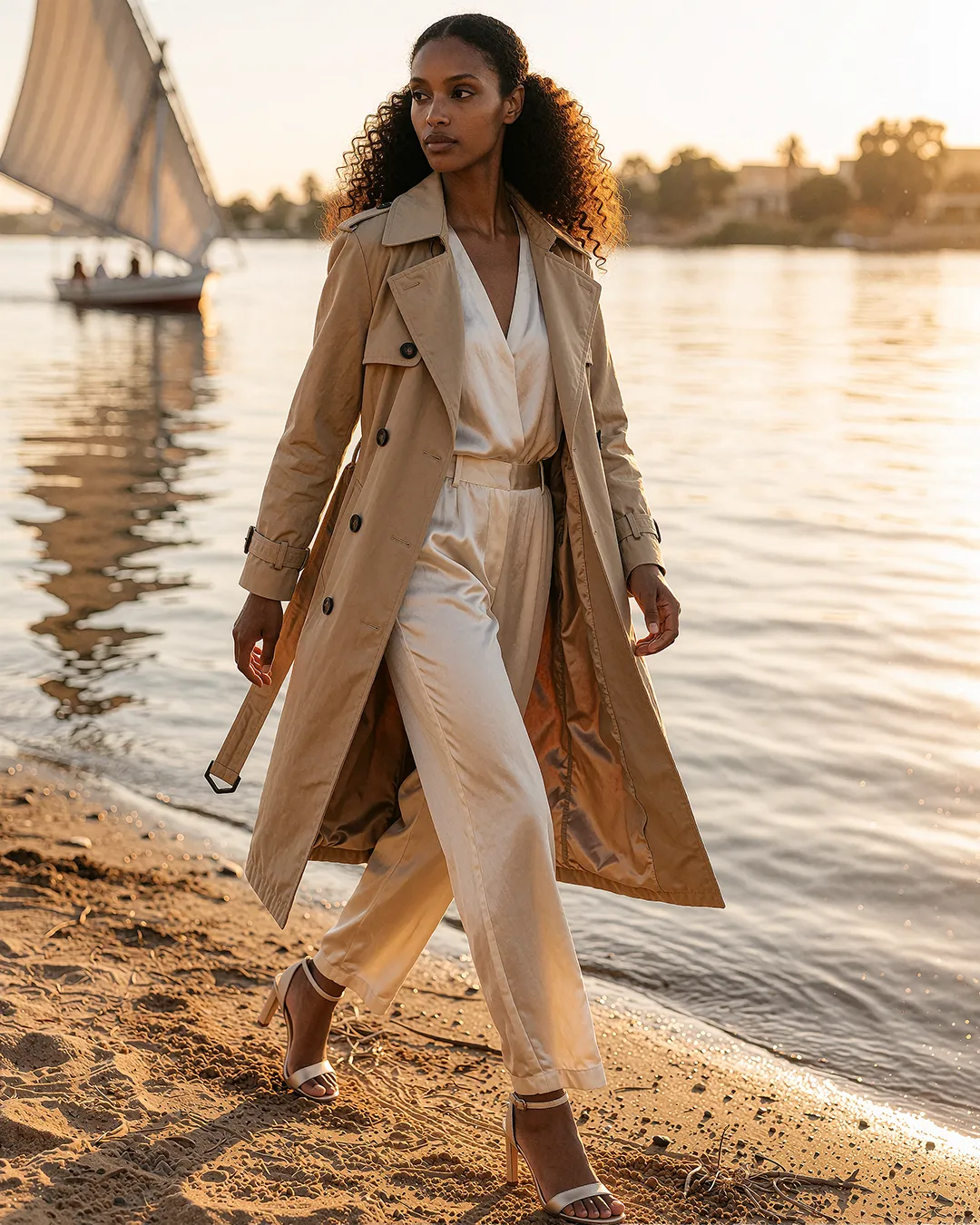 Zuri Osei geht im Trenchcoat mit Jumpsuit am Nilufer vor einem Segelboot entlang.