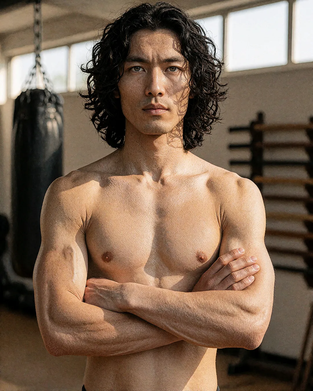 Kenji Osato mit verschränkten Armen, muskulöses Porträt im Boxstudio