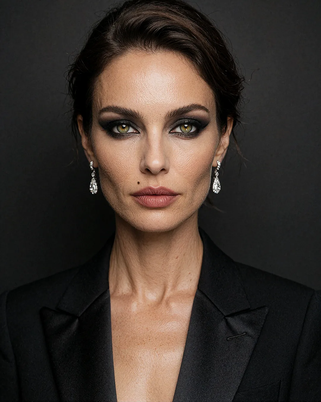 Vivienne Castellane im Beauty-Porträt mit Smokey Eyes und Diamantohrringen vor schwarzem Hintergrund.