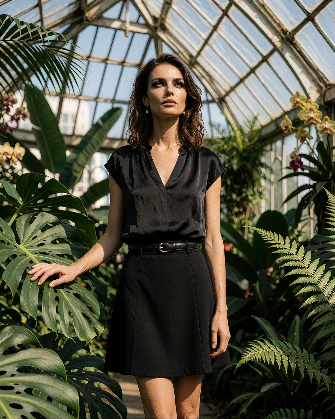 Vivienne Castellane trägt schwarzes Satintop mit A-Linien-Rock im Glaswintergarten voller Orchideen.