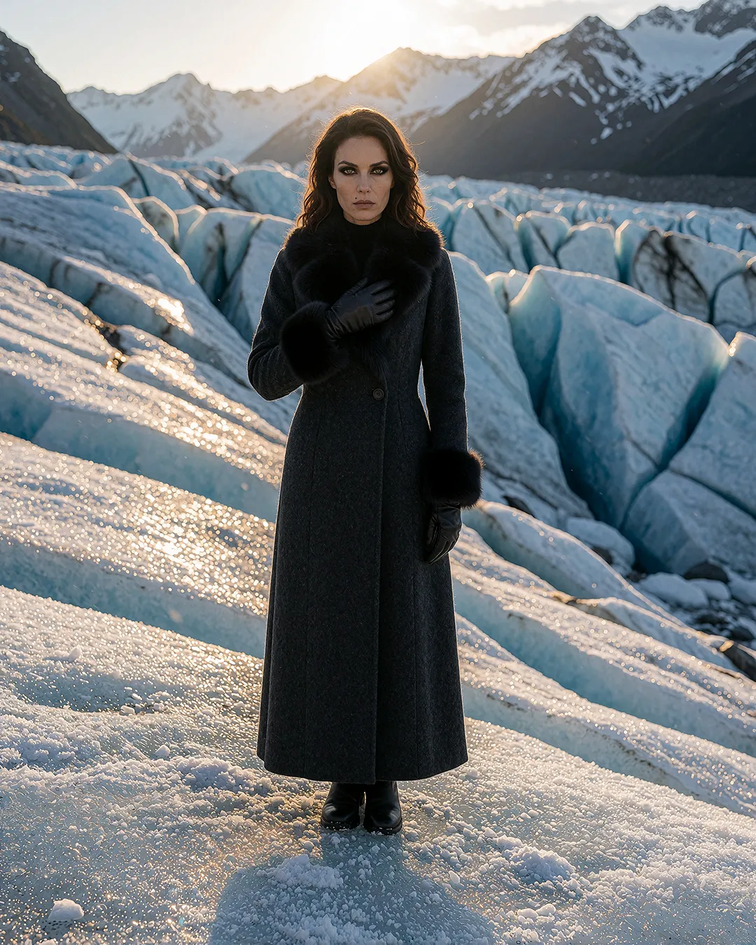Vivienne Castellane trägt anthrazitfarbenen Wollmantel mit Pelzbesatz und Lederhandschuhen auf einem Gletscher.
