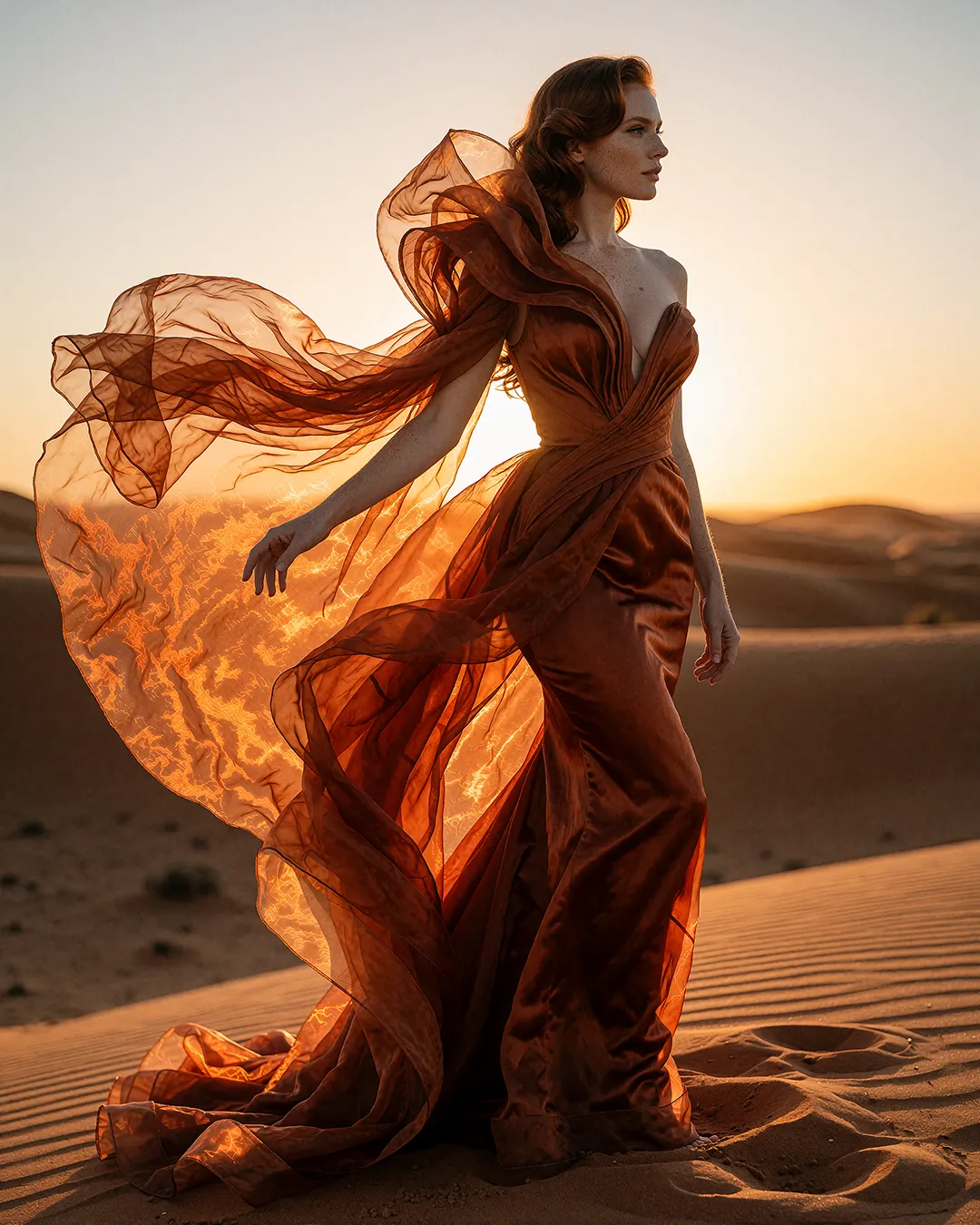 Freya Lindström steht auf einer Sanddüne bei Sonnenuntergang, ihr kupferfarbenes Seidenkleid weht im Wind.