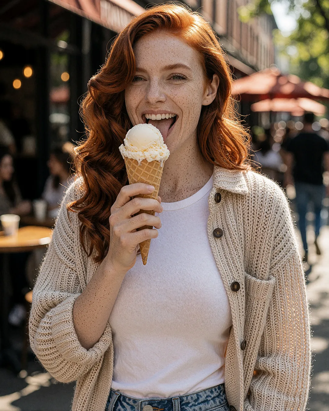 Freya Lindström genießt eine Eistüte auf belebter Straße, lässig in Strickjacke und Jeans.