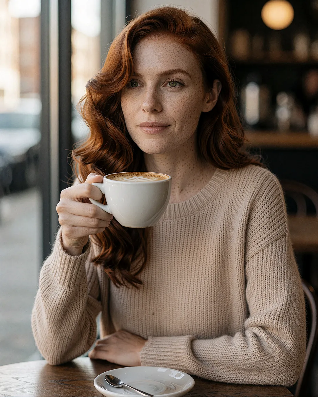 Freya Lindström genießt einen Cappuccino im Café, gekleidet in einen beigen Strickpullover.