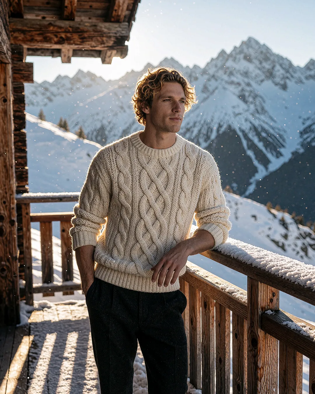 Maddox Ravenscroft trägt einen cremefarbenen Zopfpullover auf der Berghütten-Terrasse vor Alpenpanorama.