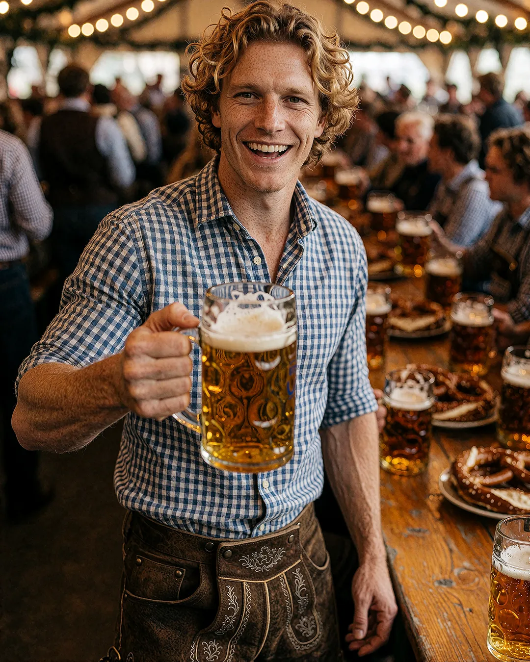 Maddox Ravenscroft hält lachend eine Maß Bier in Lederhose im Festzelt.