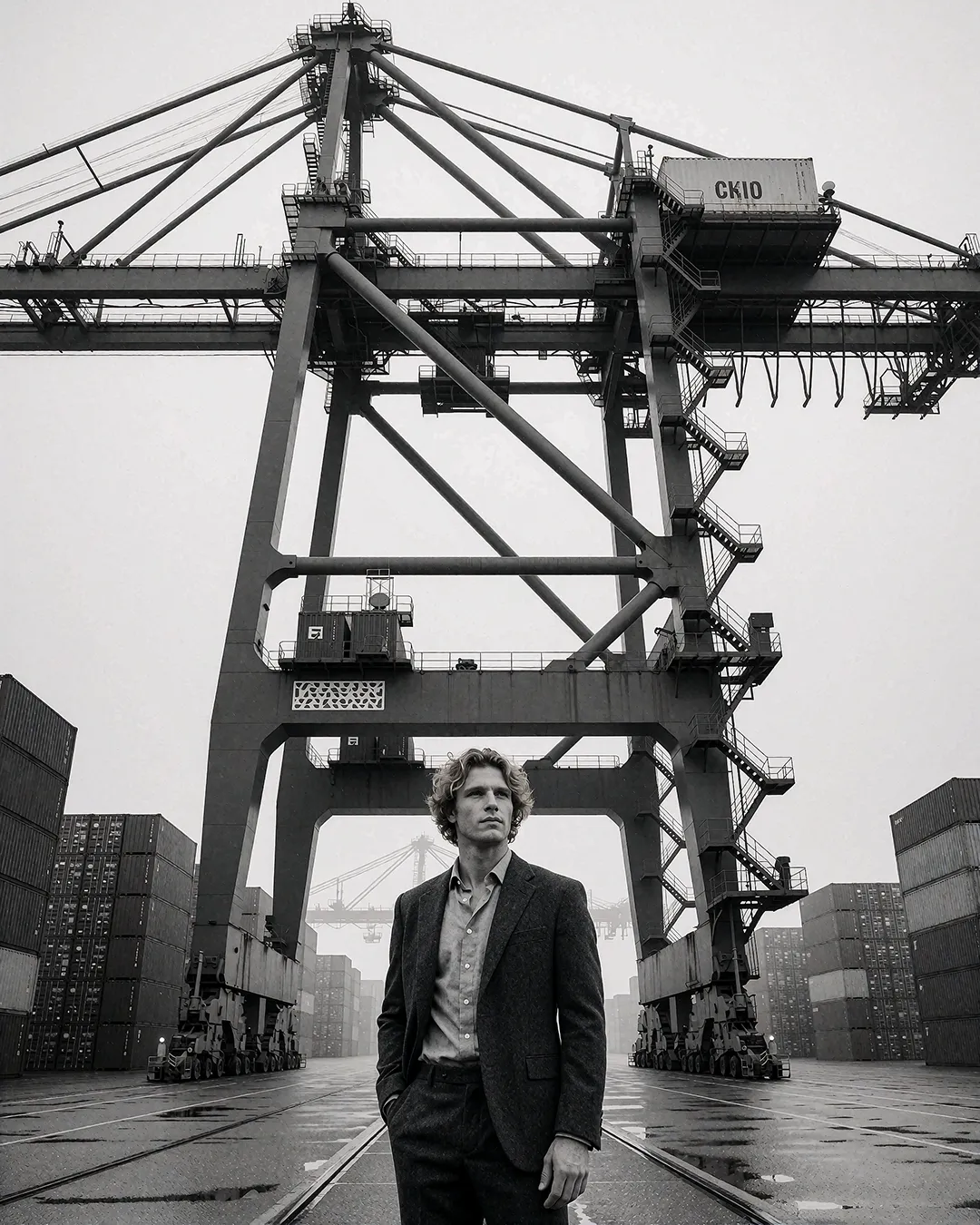 Maddox Ravenscroft steht im Anzug unter einem riesigen Hafenkran, Schwarz-Weiß-Editorial im Containerhafen.