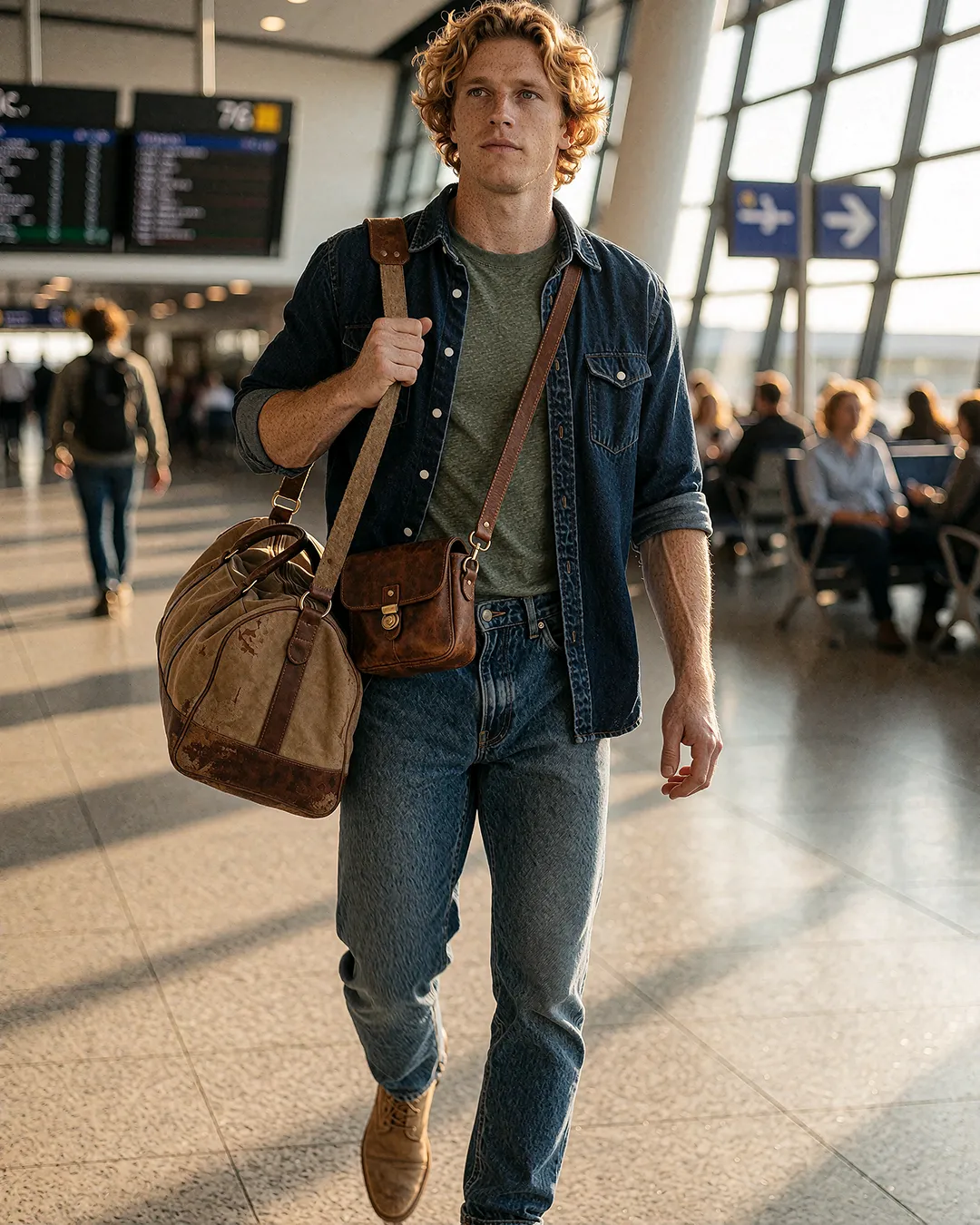 Maddox Ravenscroft geht mit Reisetasche und Jeanshemd durch die Abflughalle am Flughafen.