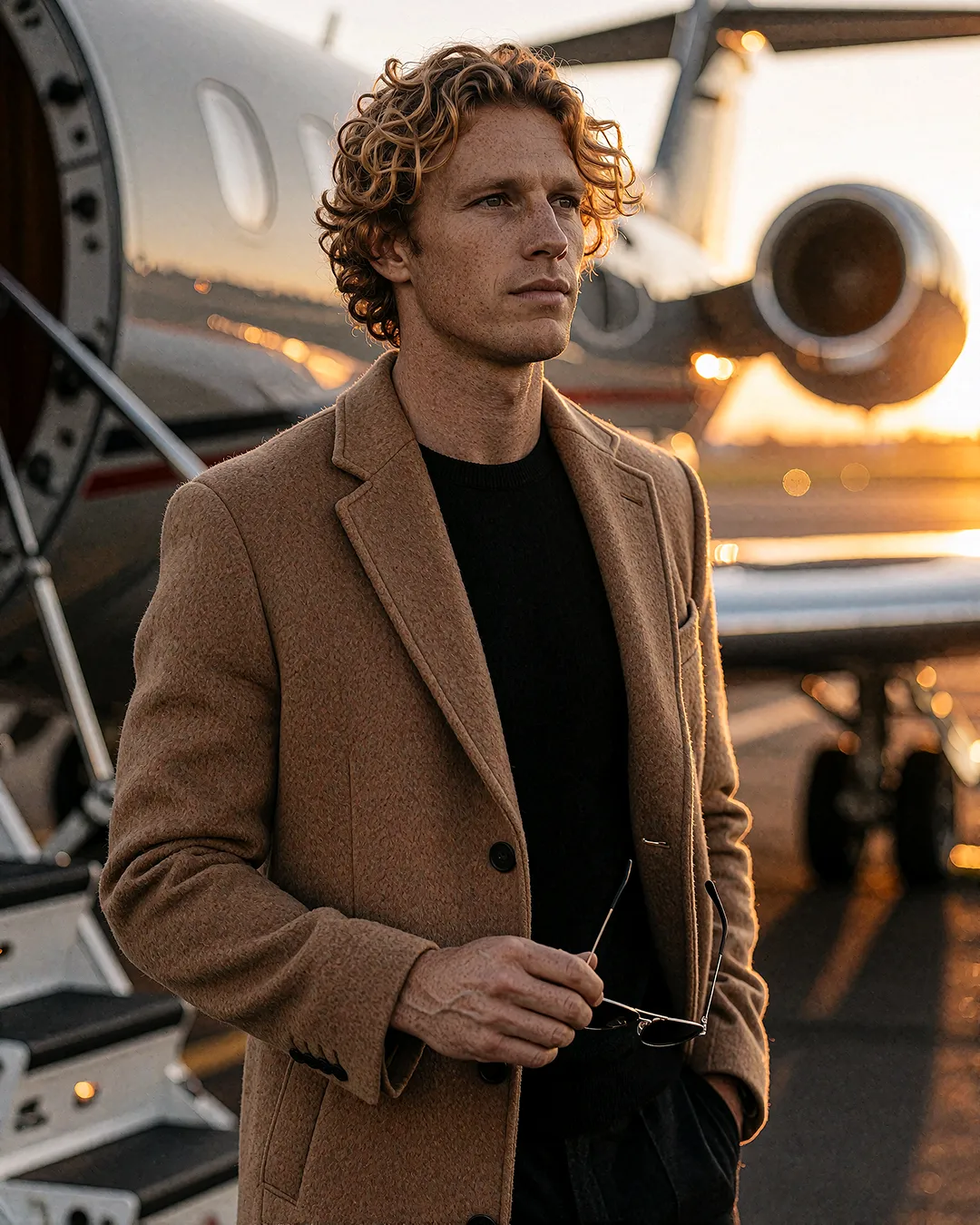 Maddox Ravenscroft steht im camelfarbenen Mantel vor einem Privatjet bei Sonnenuntergang.