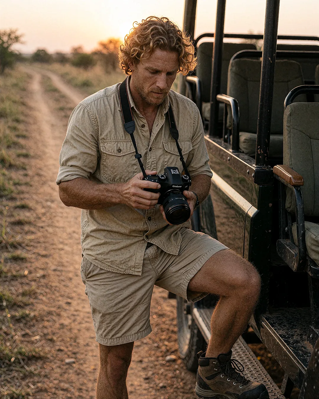 Maddox Ravenscroft fotografiert als Safari-Guide mit Kamera neben einem Geländewagen in Afrika.