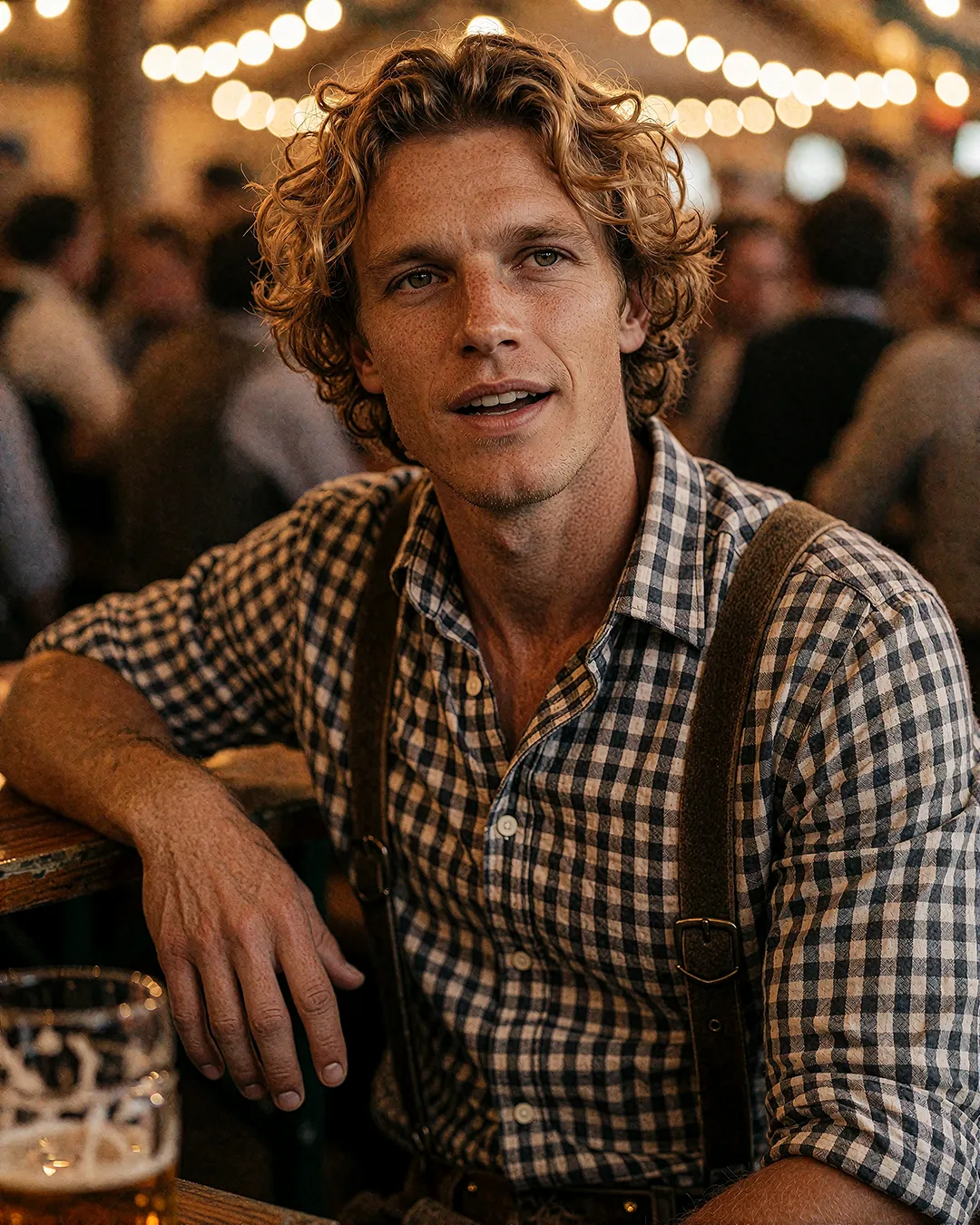 Maddox Ravenscroft im Nahporträt mit Trachtenhemd und Hosenträgern im Oktoberfest-Festzelt.