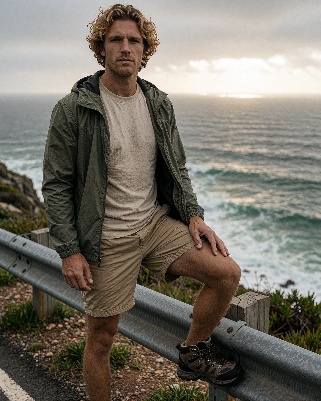 Maddox Ravenscroft steht in Windjacke auf einer Küstenstraße mit Blick aufs stürmische Meer.