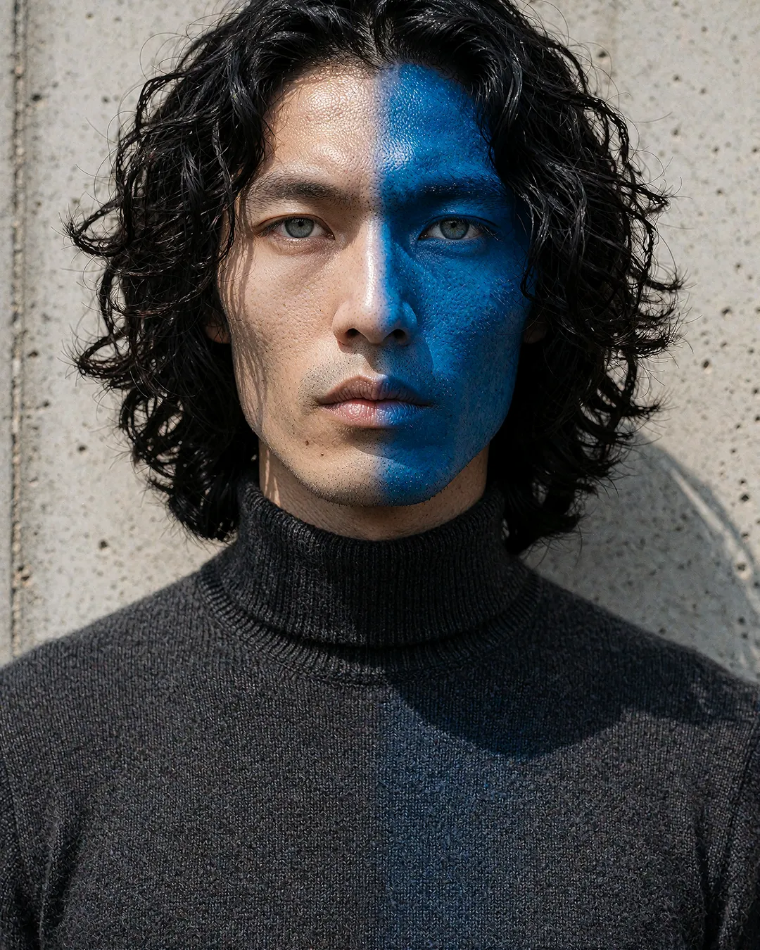 Kenji Osato mit blau geschminkter Gesichtshälfte vor Wand in Pullover