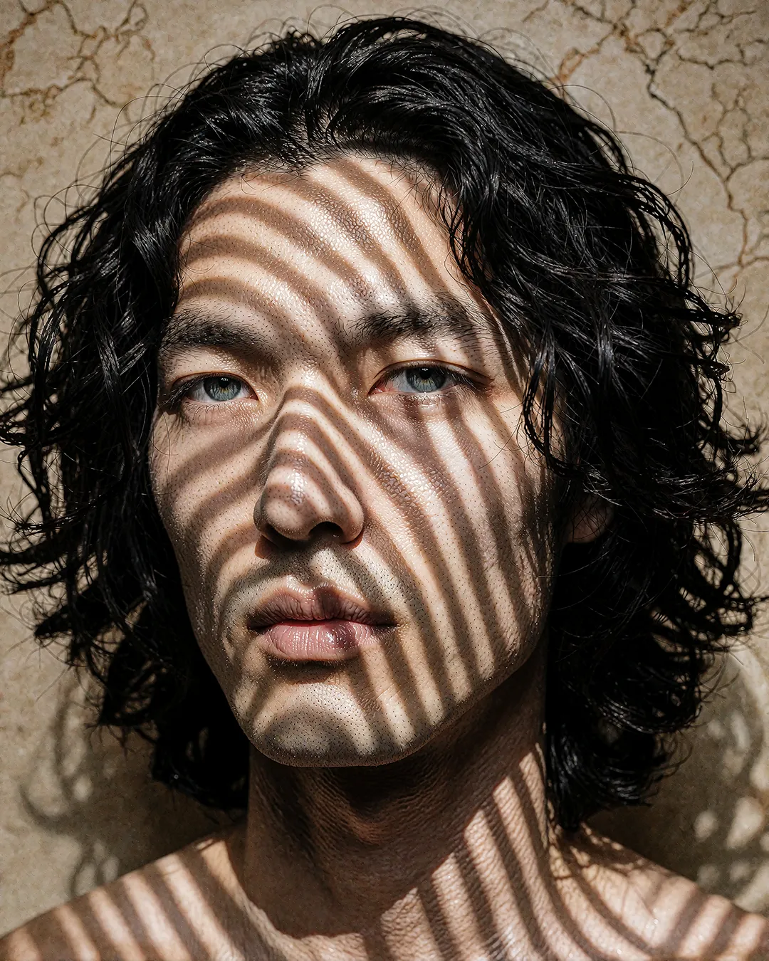 Kenji Osato Nahporträt mit dramatischem Streifenlicht-Schatten auf dem Gesicht