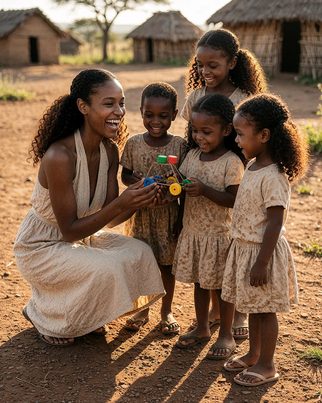 Zuri Osei spielt lachend mit Kindern eines Dorfes vor traditionellen Rundhütten.