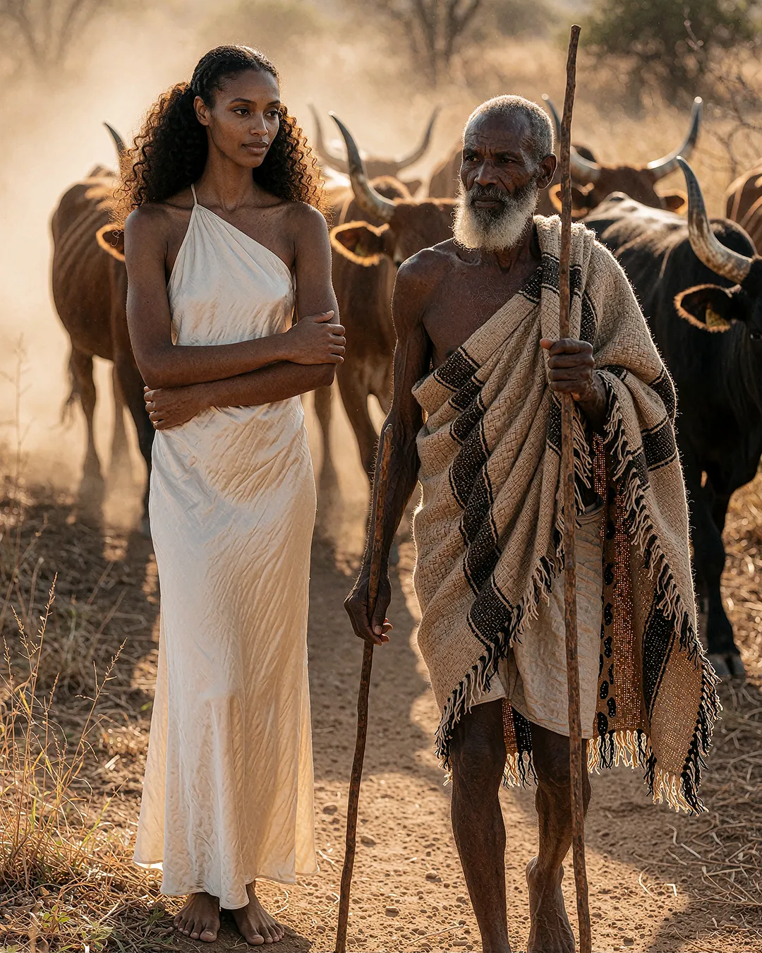 Zuri Osei steht neben einem Hirten und seiner Rinderherde in cremefarbenem Seidenkleid.