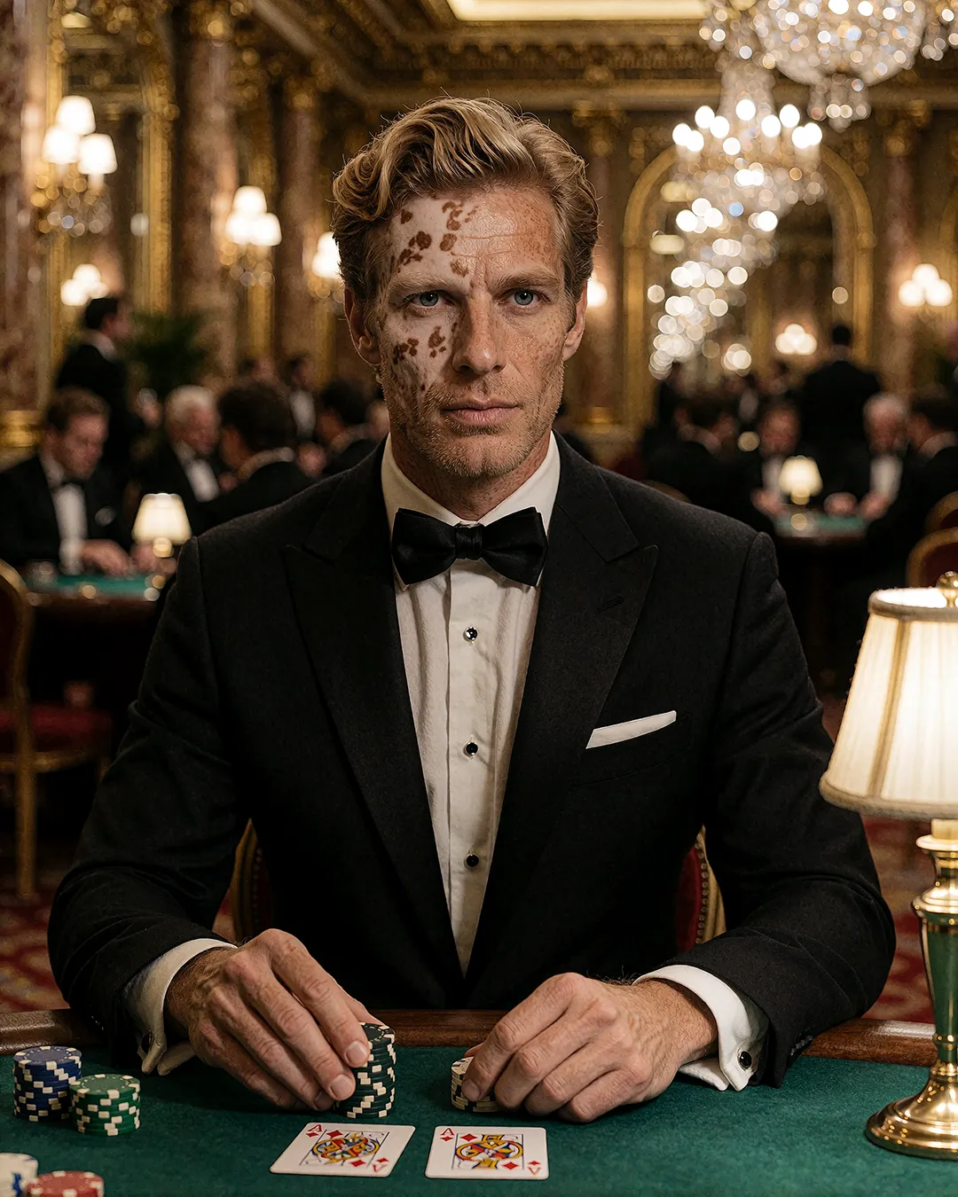 Magnus Thalberg im Smoking am Pokertisch im opulenten goldenen Casino-Saal