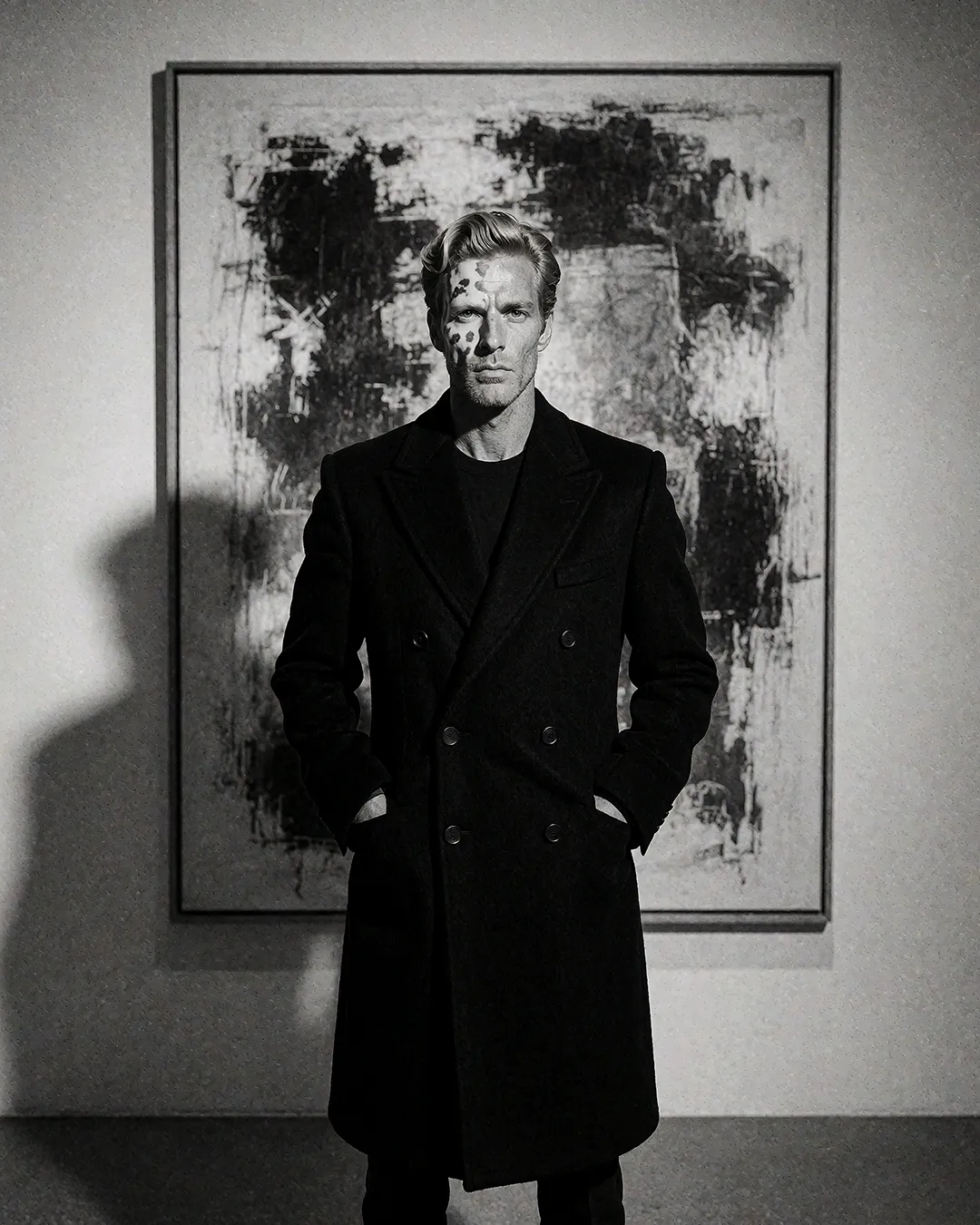 Magnus Thalberg im schwarzen Wollmantel vor abstraktem Gemälde in moderner Kunstgalerie