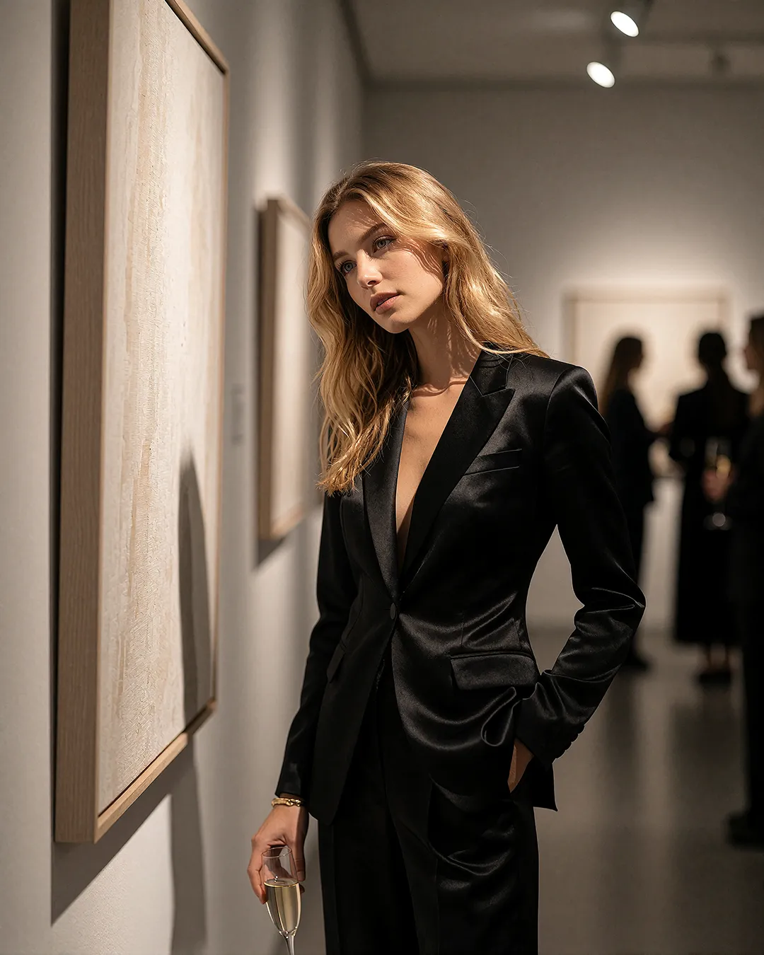 Mia Sonnberg trägt einen schwarzen Satinanzug mit Champagnerglas auf einer Vernissage.