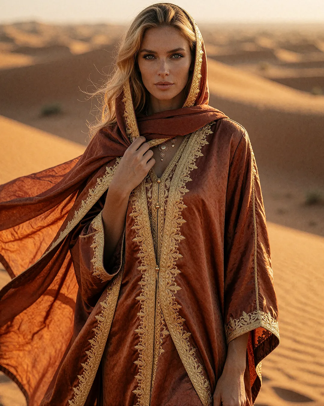 Nadja Hartmann, KI Model, im goldbestickten Wüsten-Umhang vor Sanddünen
