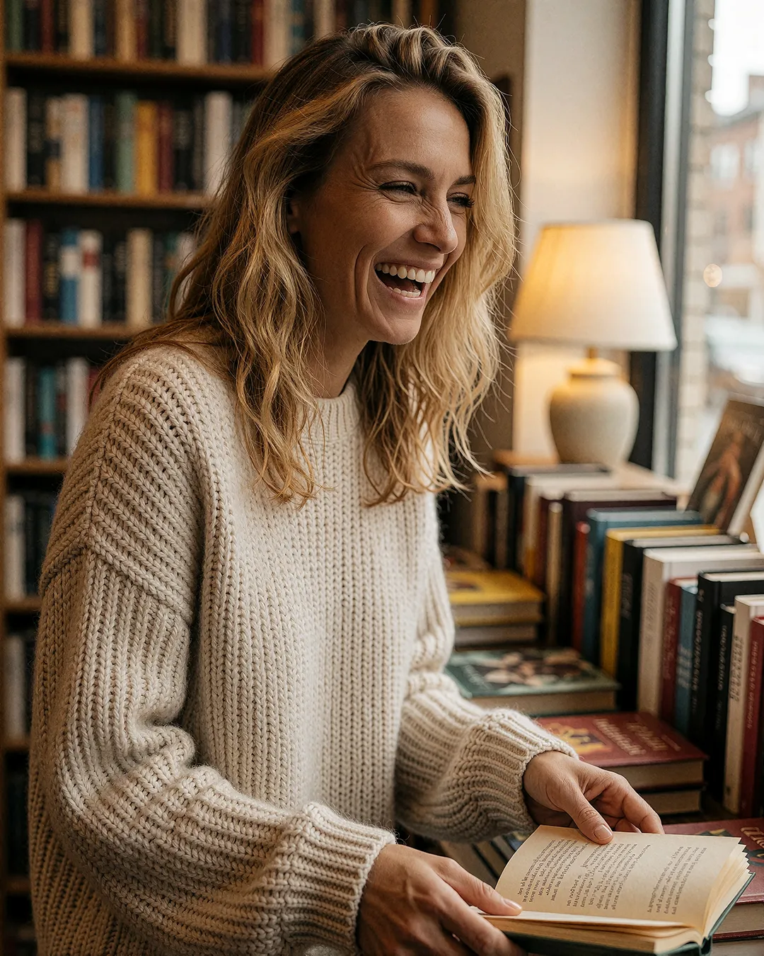 Nadja Hartmann, KI Model, lachend mit Buch in gemütlicher Buchhandlung