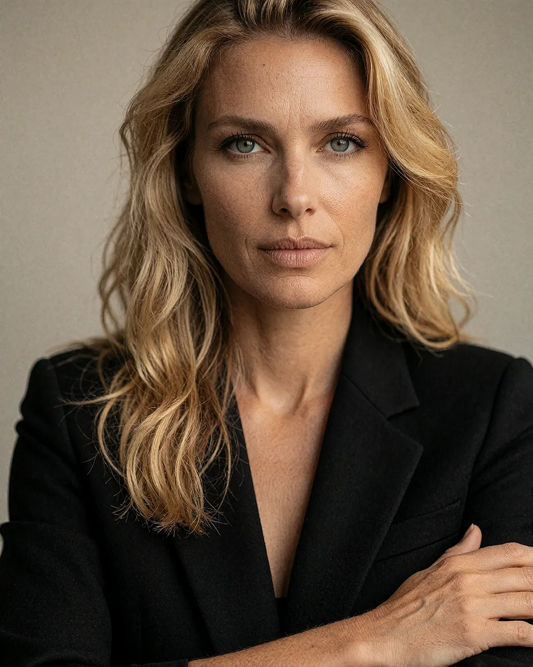 Nadja Hartmann, KI Model, im schwarzen Blazer mit verschränkten Armen im Studio-Portrait