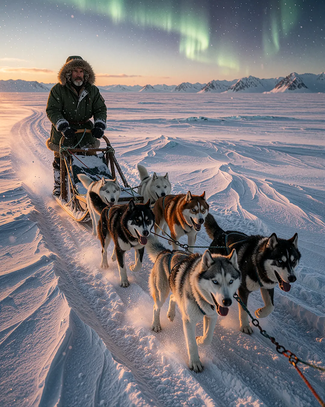 Sören Achterberg lenkt einen Hundeschlitten mit Huskys unter Nordlichtern durch die Arktis.