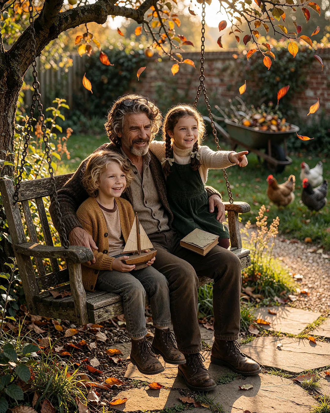 Sören Achterberg sitzt lachend mit zwei Kindern auf einer Gartenschaukel im Herbstlaub.