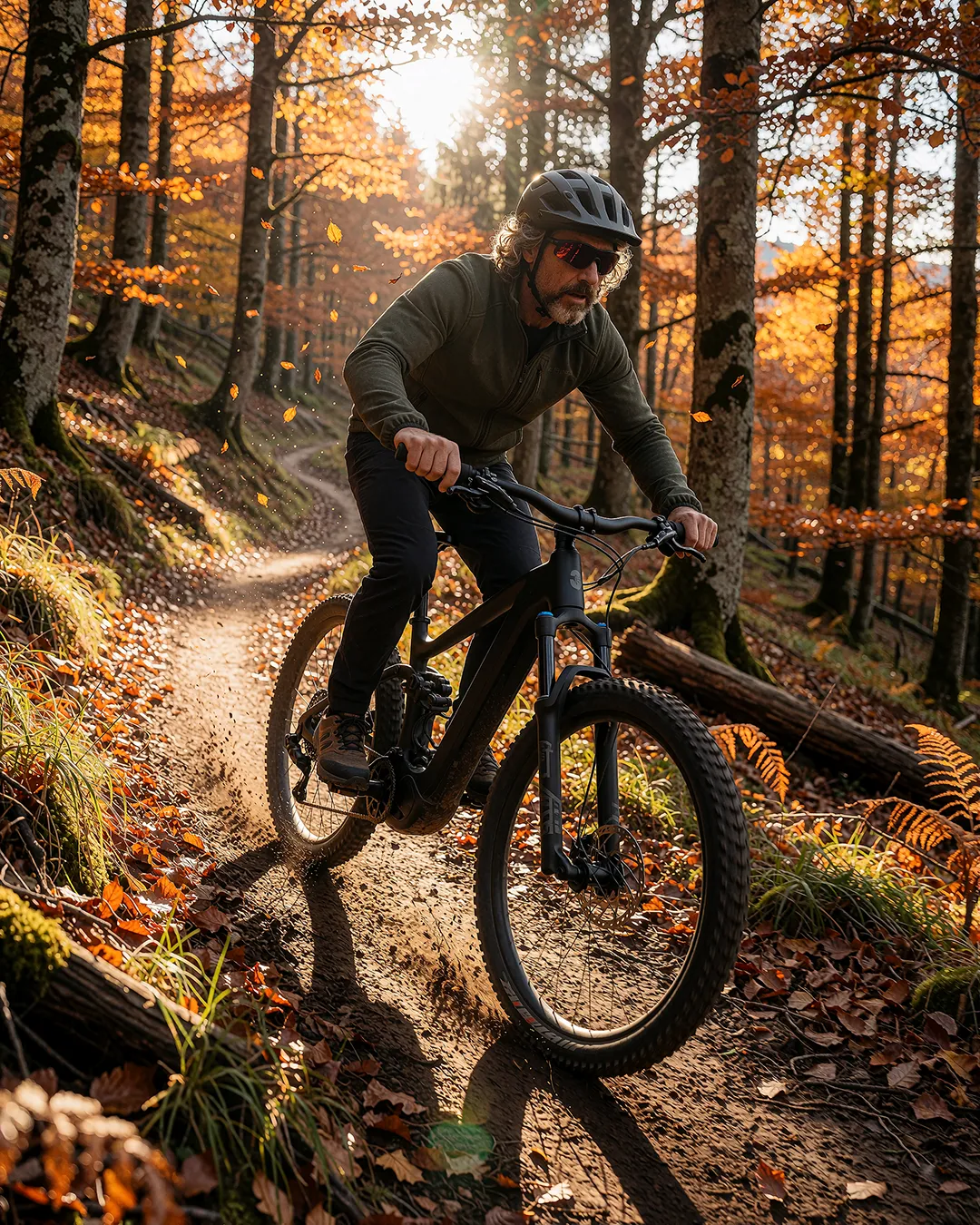 Sören Achterberg fährt mit dem Mountainbike durch einen herbstlichen Waldweg.