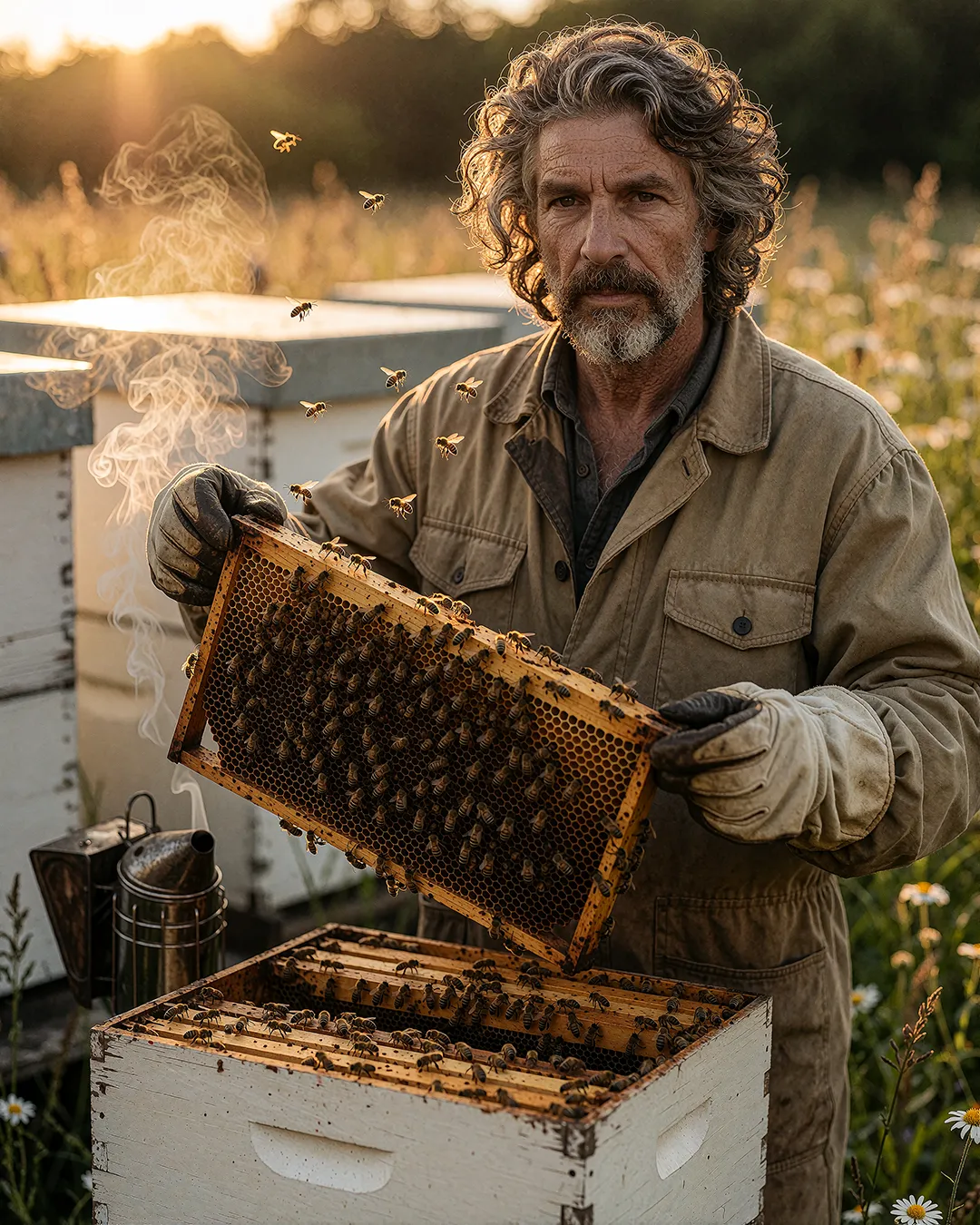 Sören Achterberg hält als Imker eine Honigwabe voller Bienen vor Bienenstöcken im Feld.