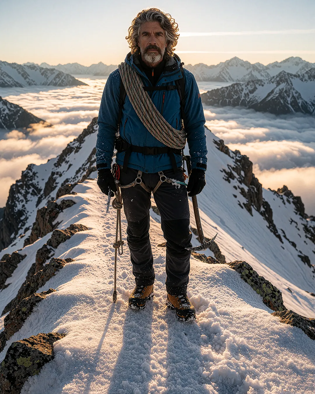 Sören Achterberg steht als Bergsteiger auf einem schneebedeckten Gipfelgrat über den Wolken.