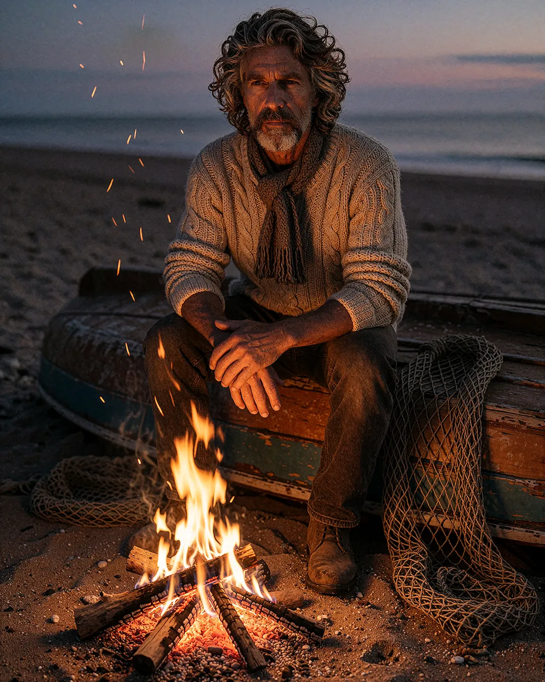 Sören Achterberg sitzt am Lagerfeuer am Strand, in Strickpullover neben einem alten Boot.