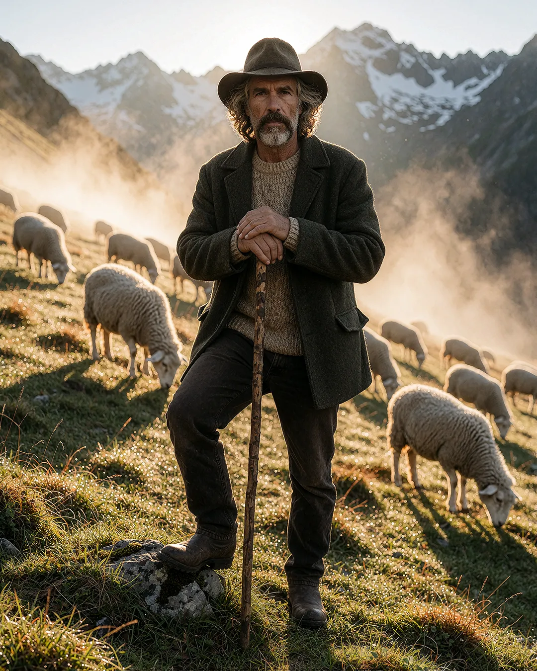 Sören Achterberg steht als Schäfer mit Hut und Stock vor seiner Herde in den Bergen.