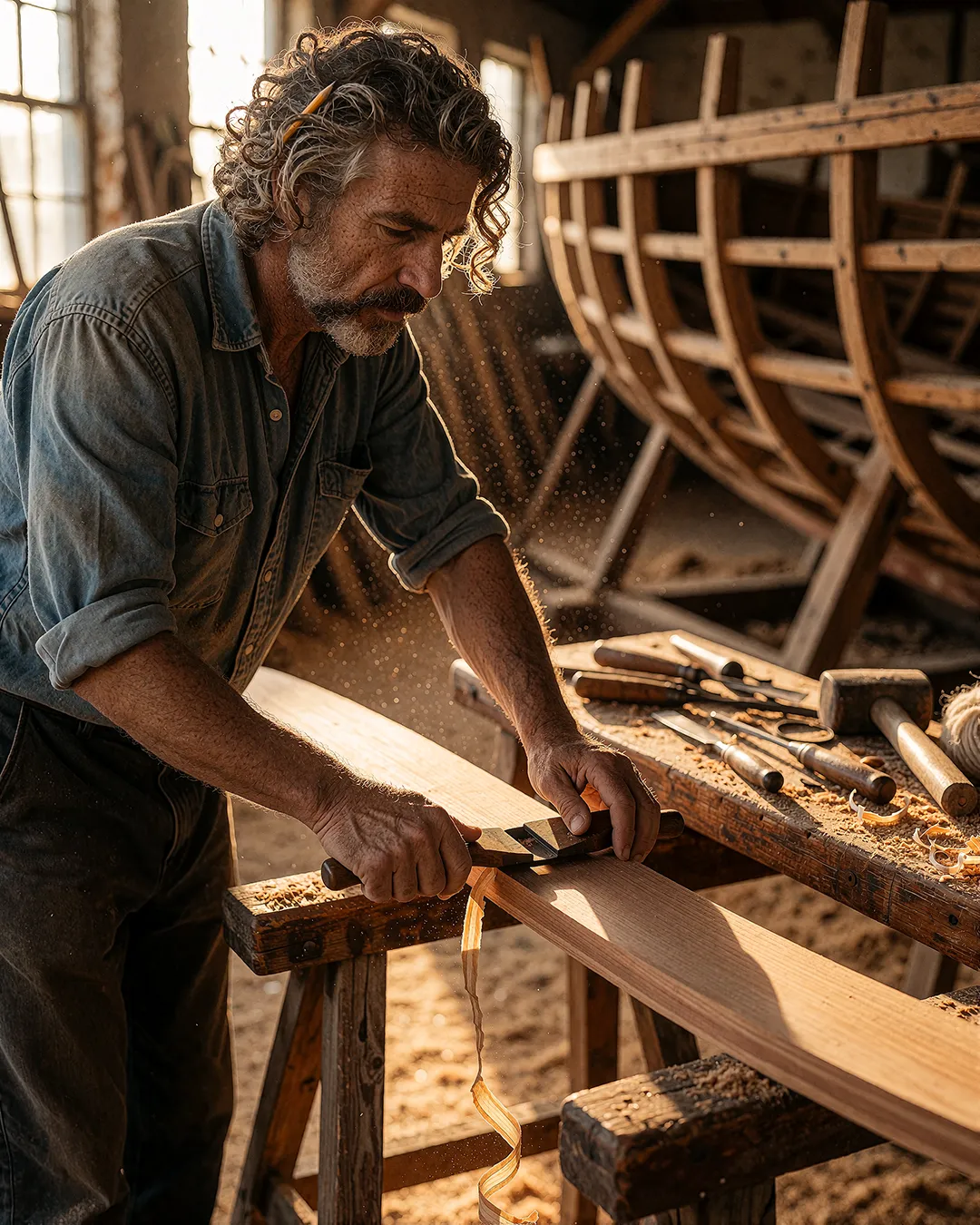 Sören Achterberg hobelt als Schiffszimmerer ein Holzbrett in einer traditionellen Werft.