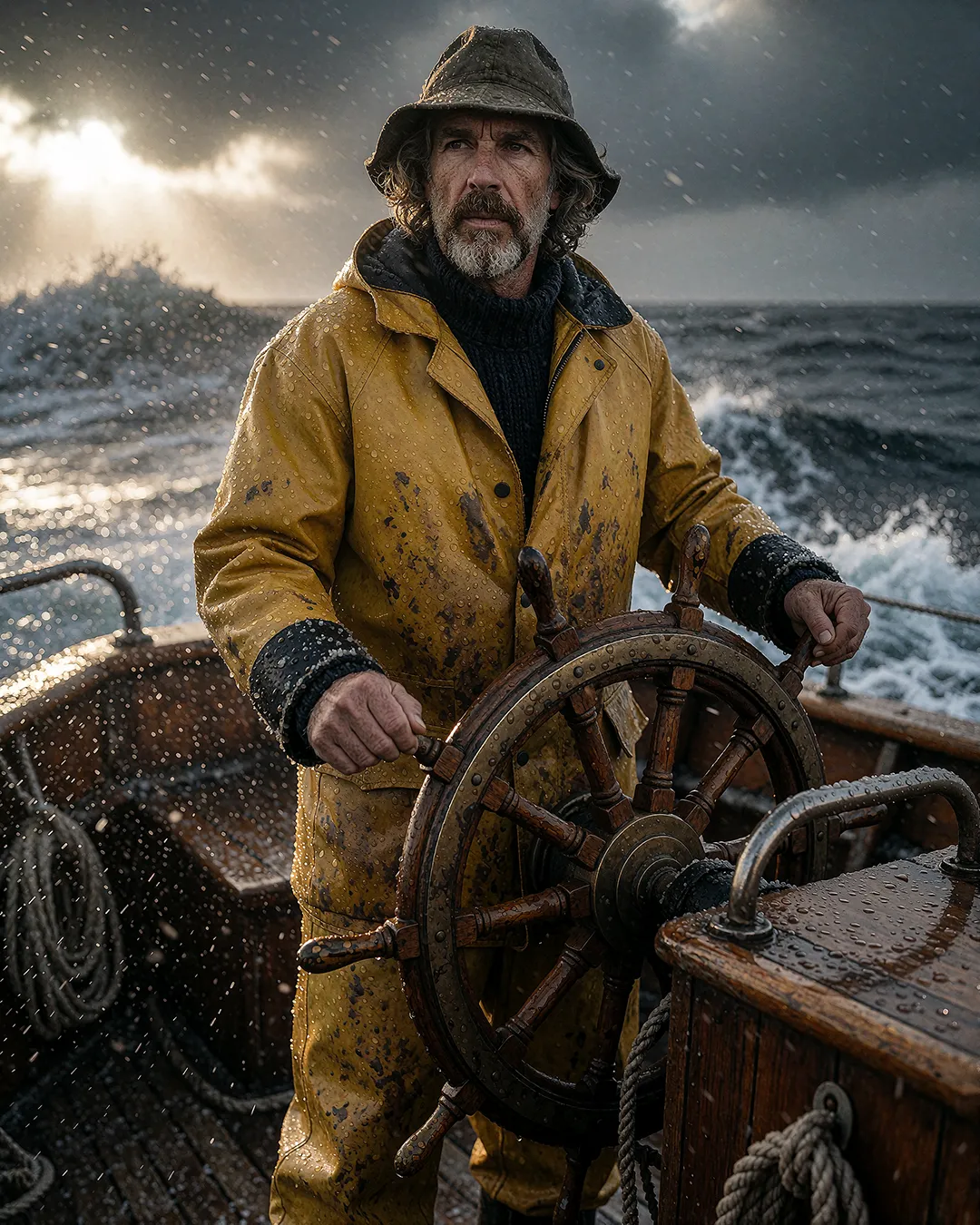 Sören Achterberg steuert bei stürmischer See ein Boot, in gelbem Ölzeug und Regenhut.