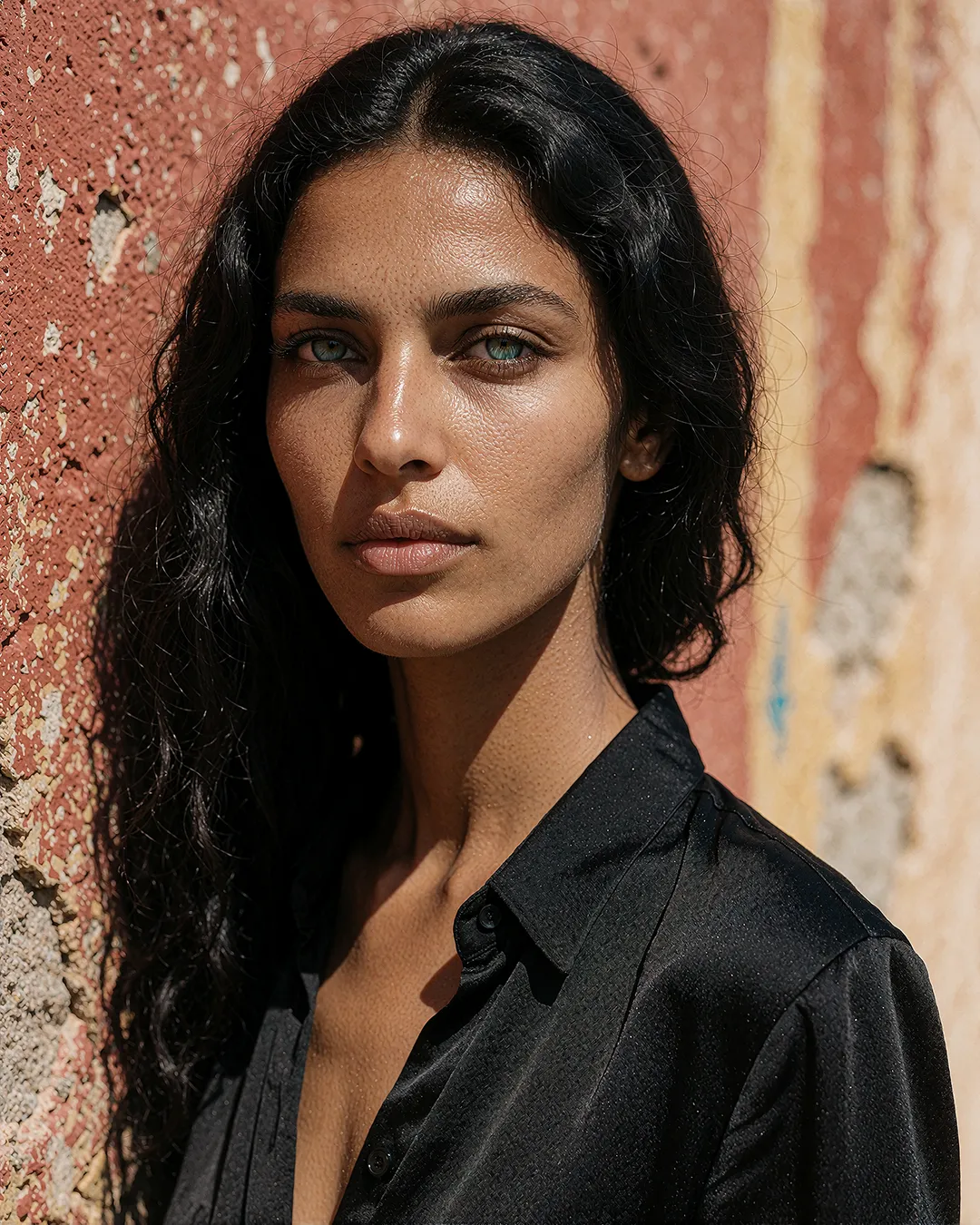 Samira Farrouk im Porträt mit schwarzer Seidenbluse vor einer verwitterten rosafarbenen Wand.