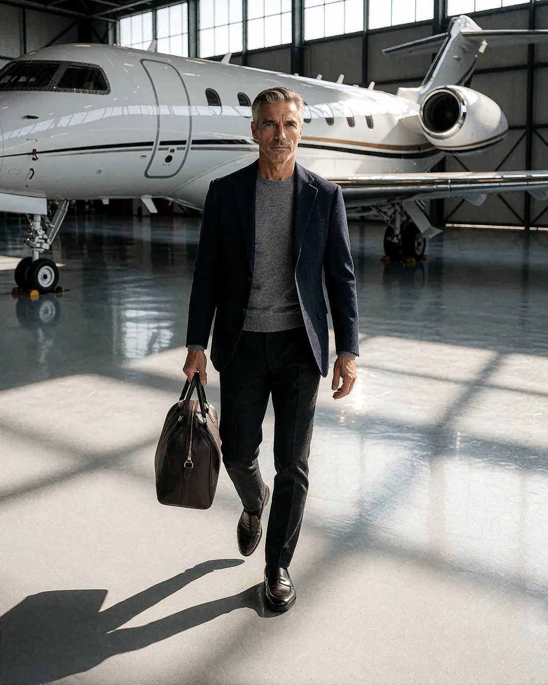 Bradford Fairweather geht im marineblauen Blazer mit Reisetasche durch einen Flugzeughangar.