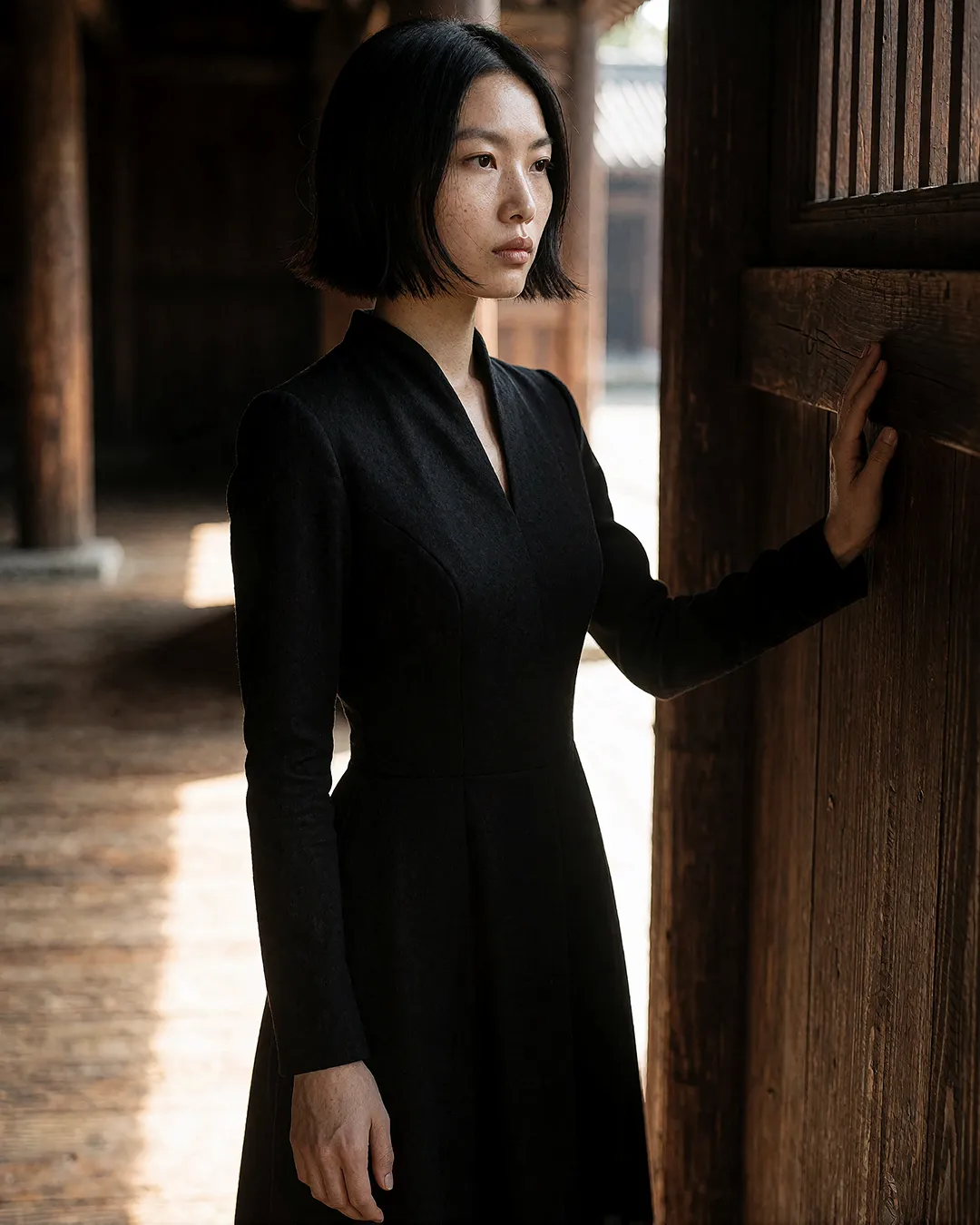 Nanami Onodera trägt ein schwarzes Kleid und berührt eine Holztür in einem traditionellen Tempel.